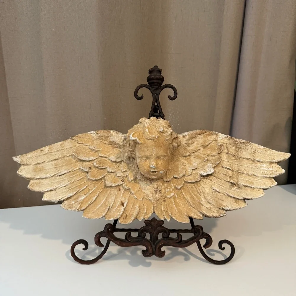 Vintage Cherub Angel Wings Wall Decor Plaque Distressed Architectural Sculpture